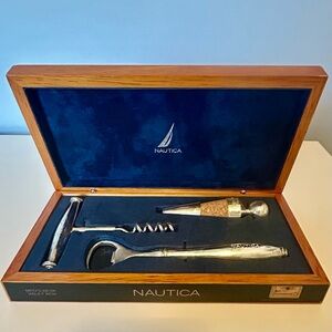 Nautica Silver Plate Wine Tool Set Wood Box
Corkscrew Opener Stopper Barware